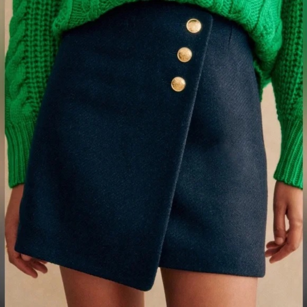 Sezane Peter 100% Wool Navy Blue and Gold Buttons Asymmetrical Wrap Mini Skirt